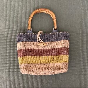 Striped Woven Tote with Bamboo Handle